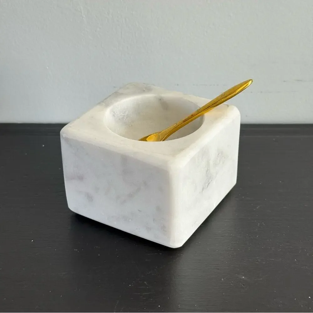 Unbranded | Square White Marble Salt Celler Bowl & Brass Spoon Pinch Pot Spice